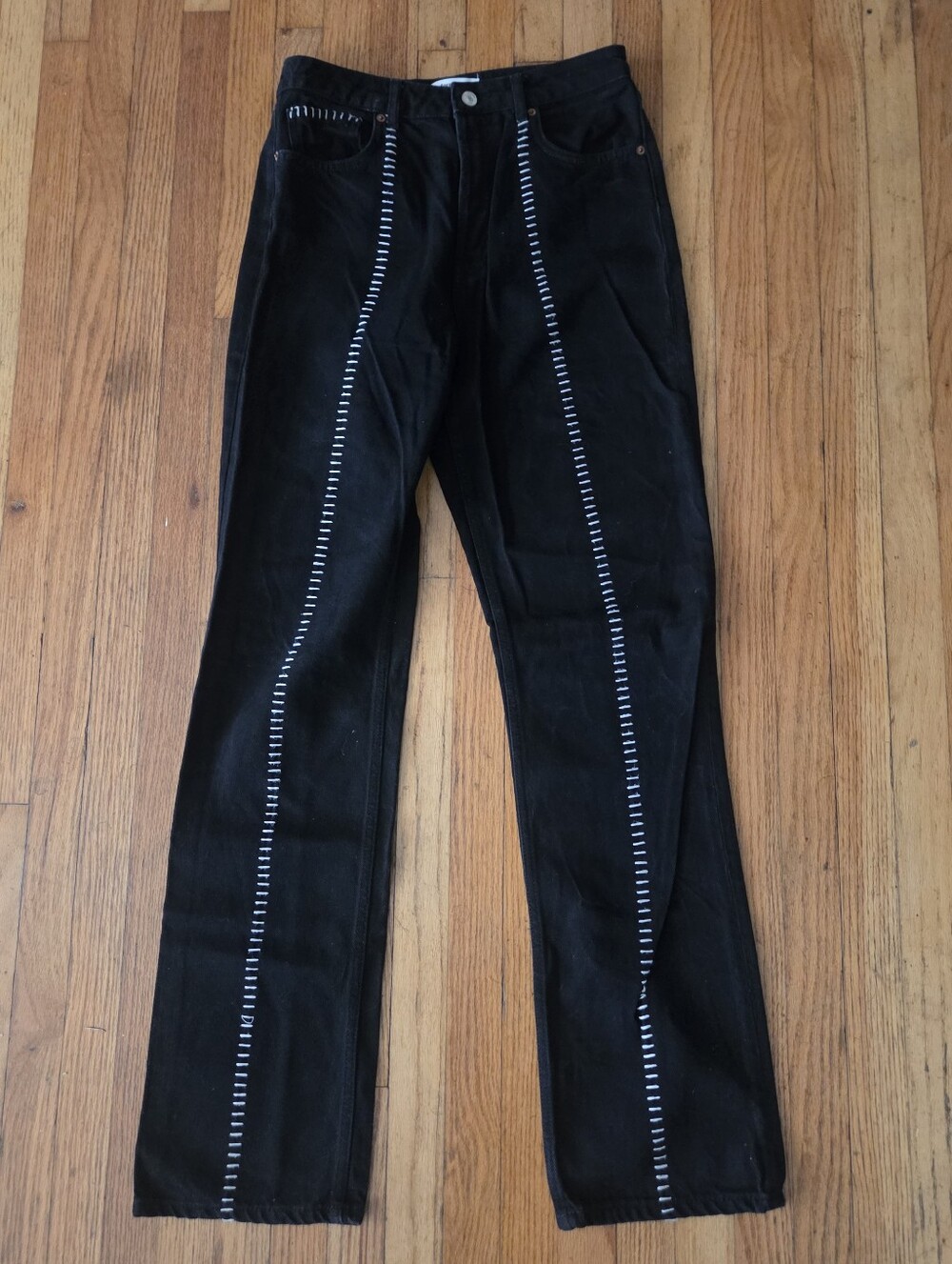 Reformation Cynthia High Rise Straight Long Jeans Black Saddle Stitch Size 29